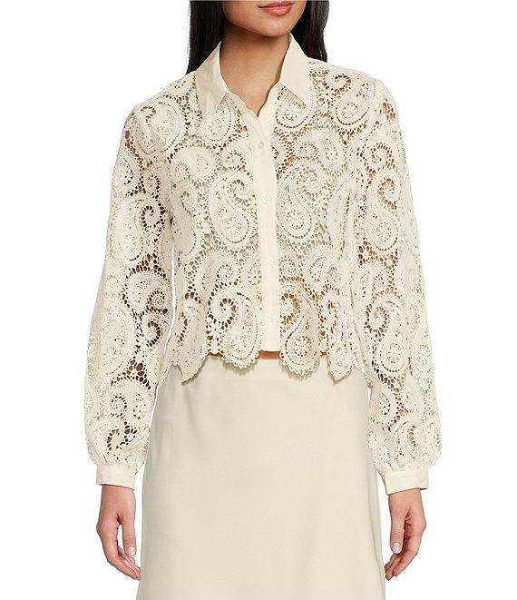 Evolutionary Collared Long Sleeve Paisley Crochet Button Front Top Product Image