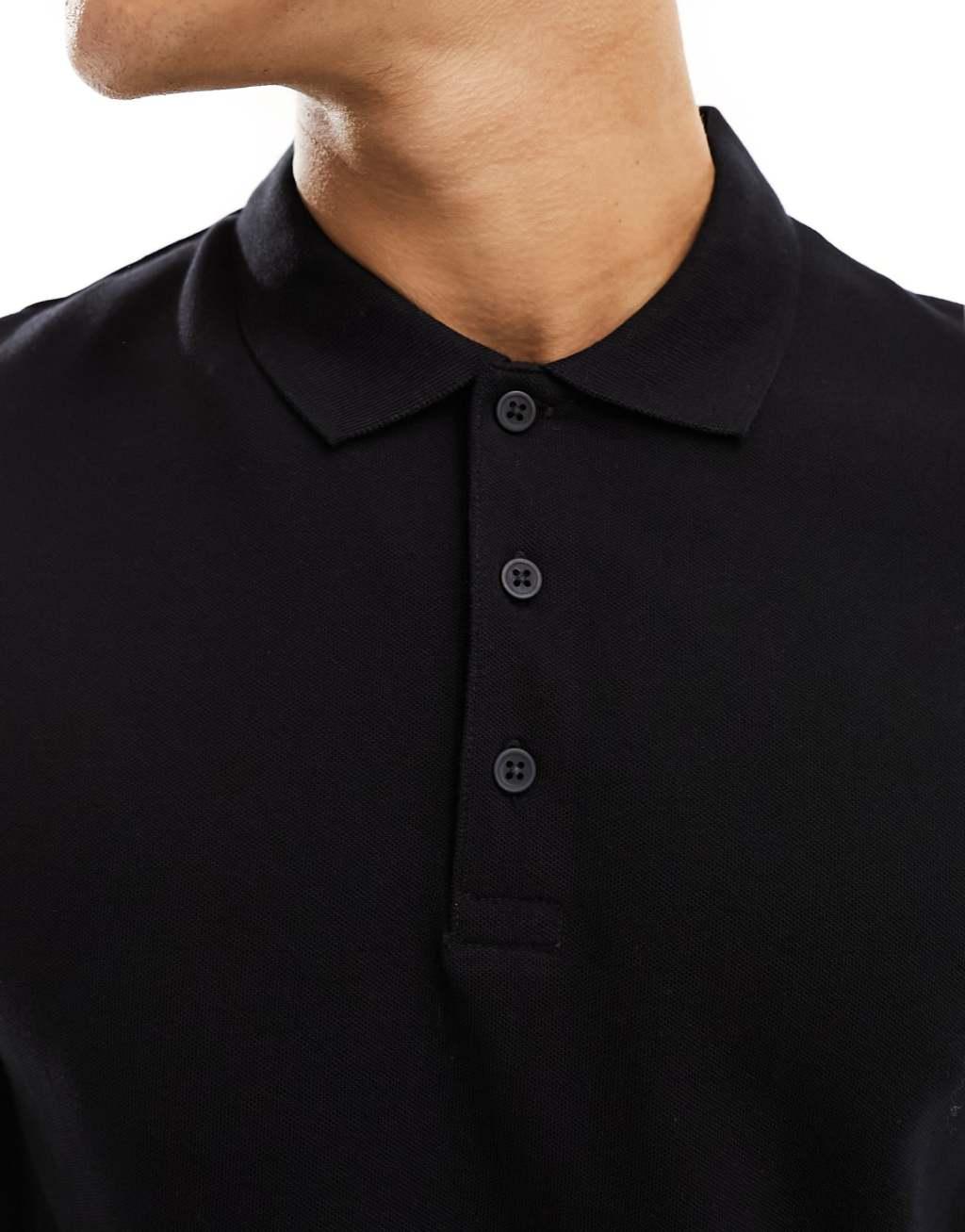 ASOS DESIGN long sleeve smart pique polo in black Product Image