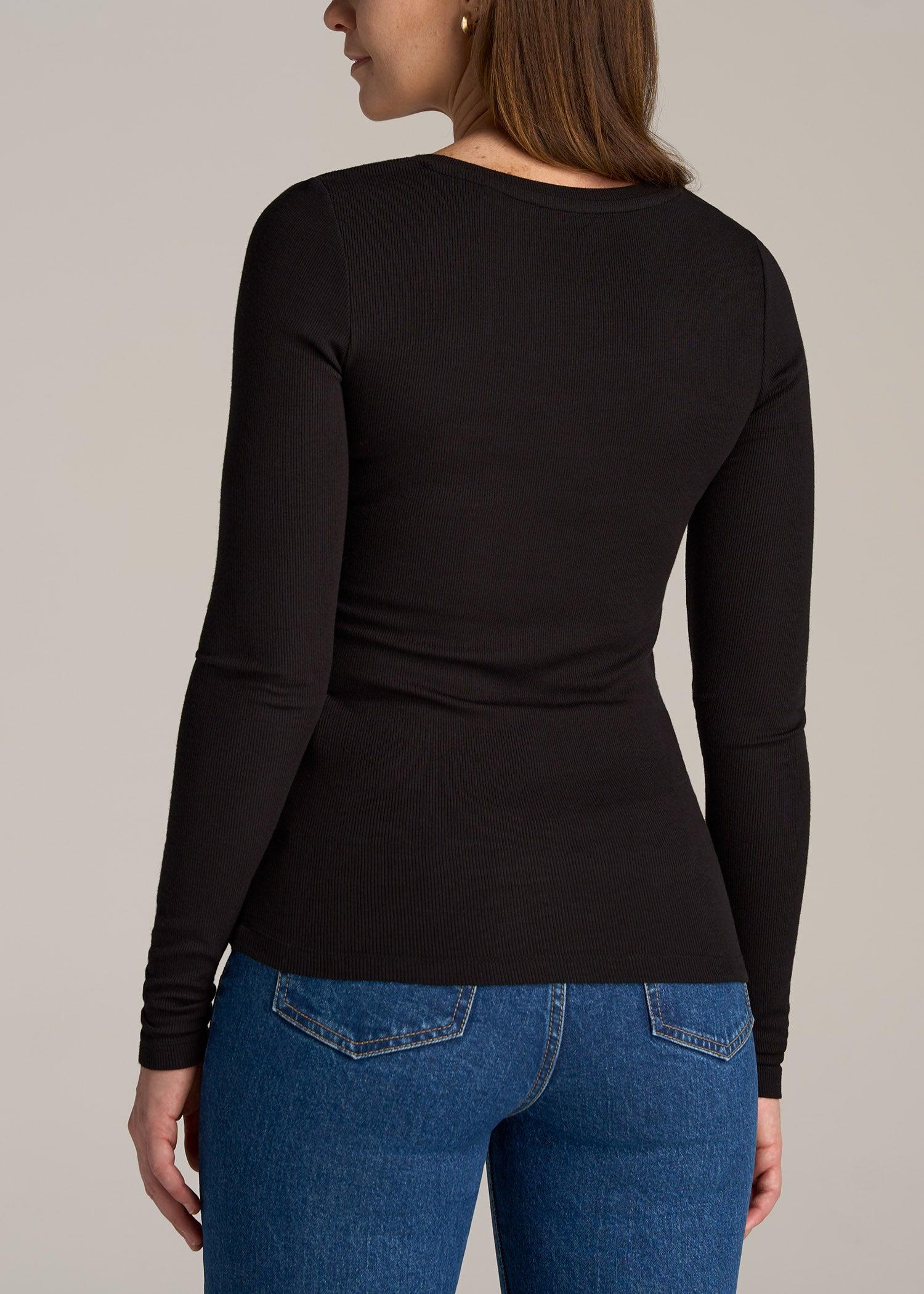 Fitted Ribbed Long Sleeve Henley for Tall Women in Black Female Product Image