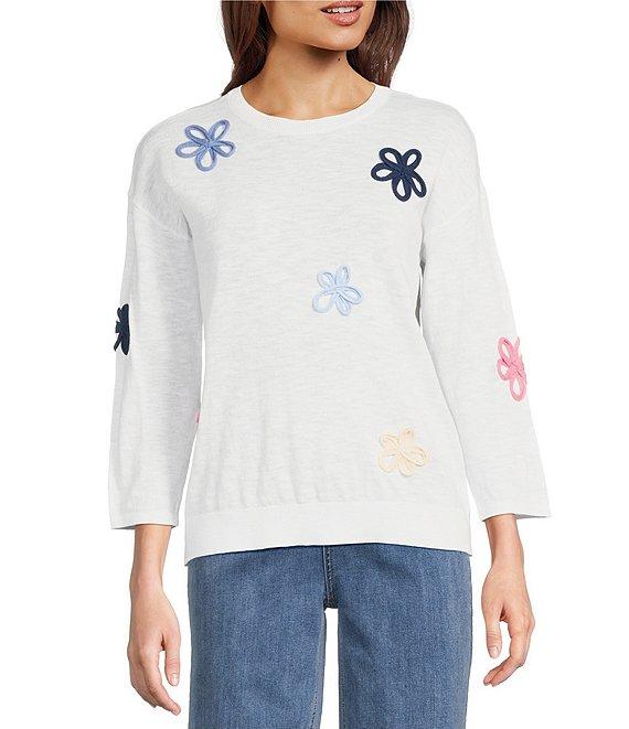 Charlie B. Round Neck 3/4 Sleeves Flower Patch Sweater Product Image