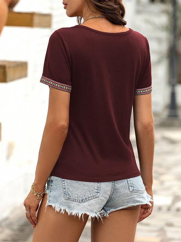 Loose Short Sleeves Contrast Color V-Neck T-Shirts Tops Product Image