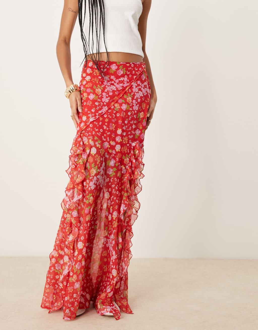 ASOS DESIGN Tall chiffon ruffle maxi skirt in floral print Product Image