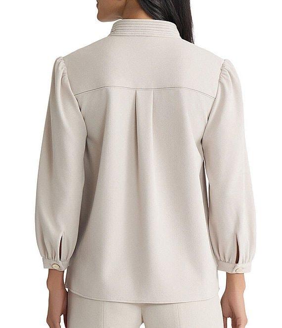 Ming Wang Stretch Deco Crepe Stand Collar V-Neck Elbow Balloon Sleeve Blouse Product Image