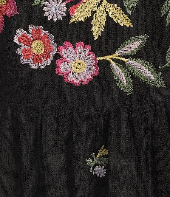 Reba Woven Mesh Floral Embroidery Square Neck 3/4 Puff Sleeve Tiered A-Line Midi Dress Product Image