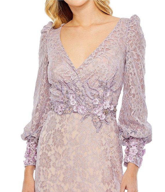 Mac Duggal Lace Overlay Jewel Encrusted Floral Surplice V-Neck Balloon Sleeve Column Mermaid Gown Product Image
