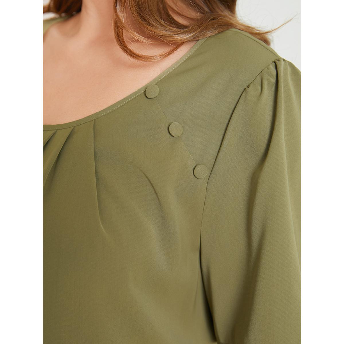 Plus Size SpringGreen Solid Pleated Button Detail Blouse Women Office Short sleeve Round Neck Office Blouses BloomChic 10/M Product Image