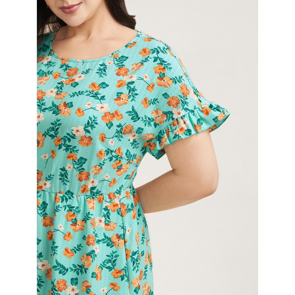 Plus Size Floral Print Ruffled Pockets Midi Dress Turquoise Women Elegant Texture Round Neck Short sleeve Curvy BloomChic 12/L Product Image