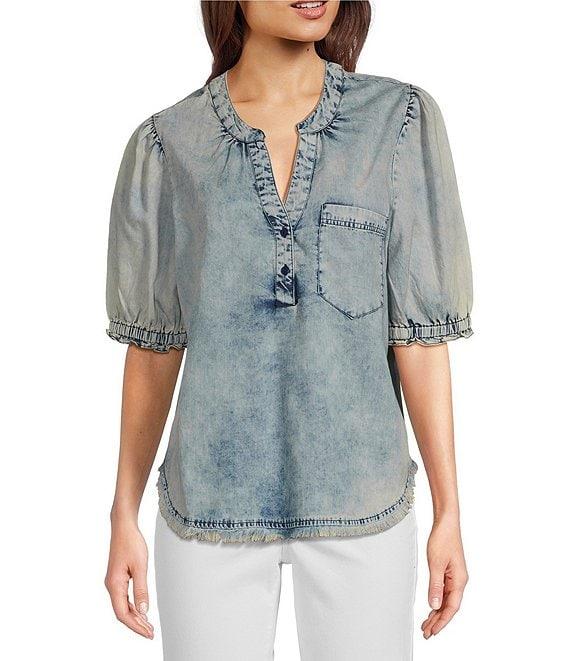 Tru Luxe Jeans Chambray Split V-Neck Short Sleeve Henley Top Product Image