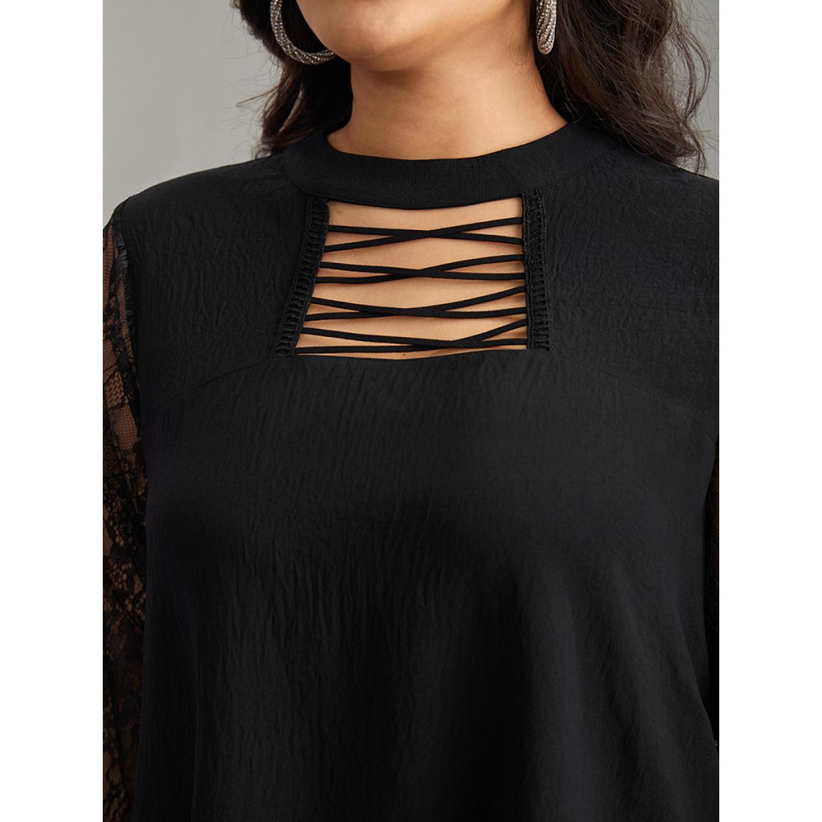 Plus Size Black Halloween Eyelet Lace Cut Out Mesh Blouse Women Elegant Long Sleeve Keyhole Cut-Out Festival-Halloween Blouses BloomChic 28/5X Product Image