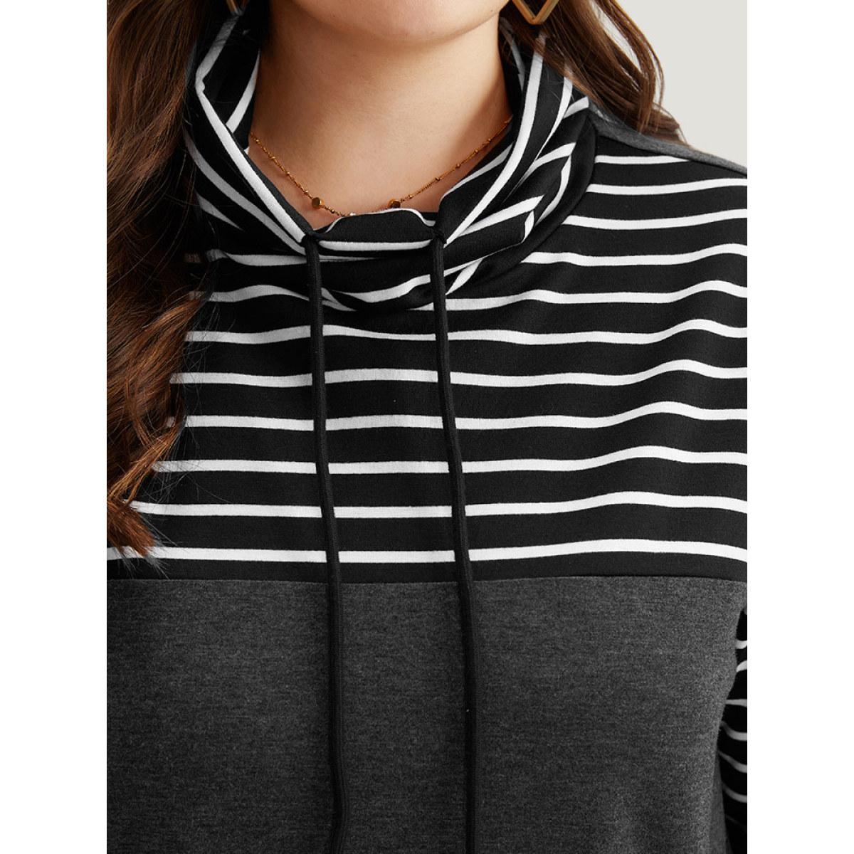 Plus Size Mock Neck Striped Patchwork Drawstring Sweatshirt Women Indigo Casual Contrast Mock Neck Everyday Sweatshirts BloomChic 22-24/3X Product Image
