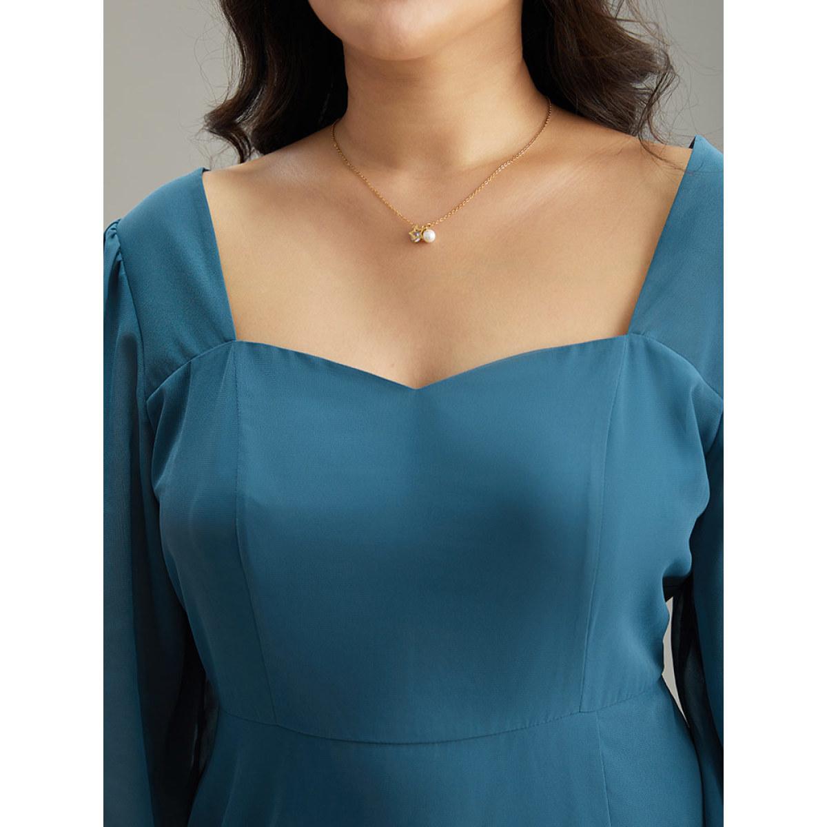 Plus Size Chiffon Square Neck Shirred Lantern Sleeve Split Hem Dress Aegean Women Glamour Plain Square Neck Long Sleeve Curvy Midi Dress BloomChic 18-20/2X Product Image