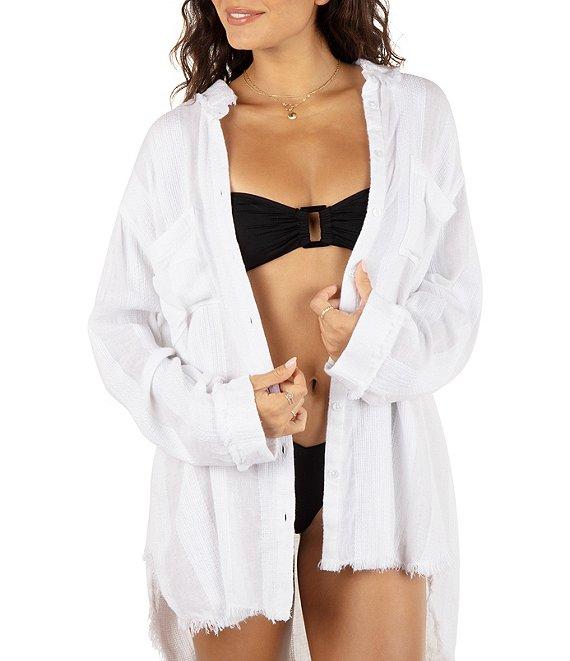 Hurley Stripe Gauze Point Collar Long Sleeve Button Front Swim Cover-Up Shirt Product Image