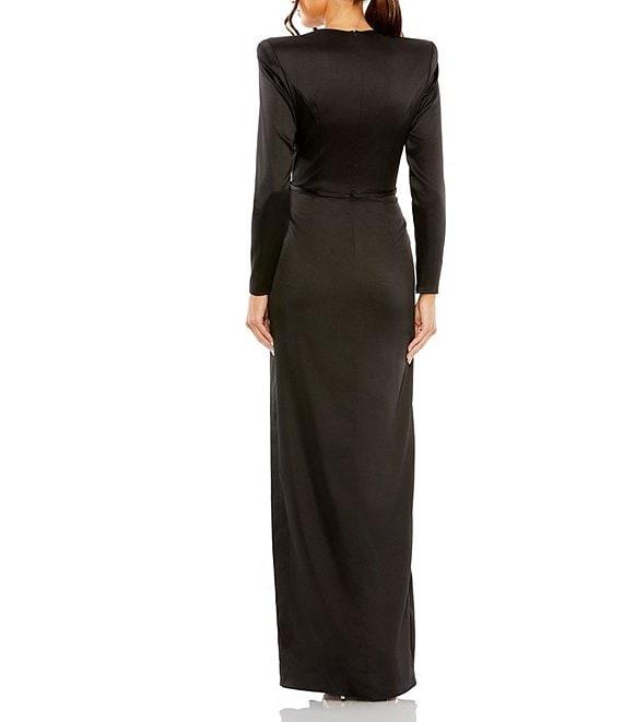 Mac Duggal Long Sleeve Crew Neck Ruched Waist Draped Bow Thigh High Slit Satin A-Line Gown Product Image