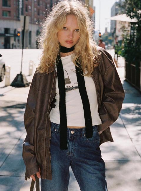 Faux Leather Collared Dad Jacket Washed Brown Product Image