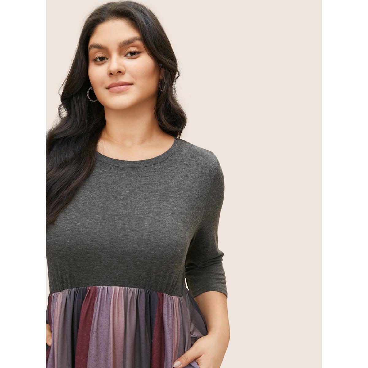 Plus Size Solid Patchwork Pocket Striped Flutter Hem Dress Burgundy Women Leisure Non Round Neck Elbow-length sleeve Curvy Midi Dress BloomChic 18-20/2X Product Image