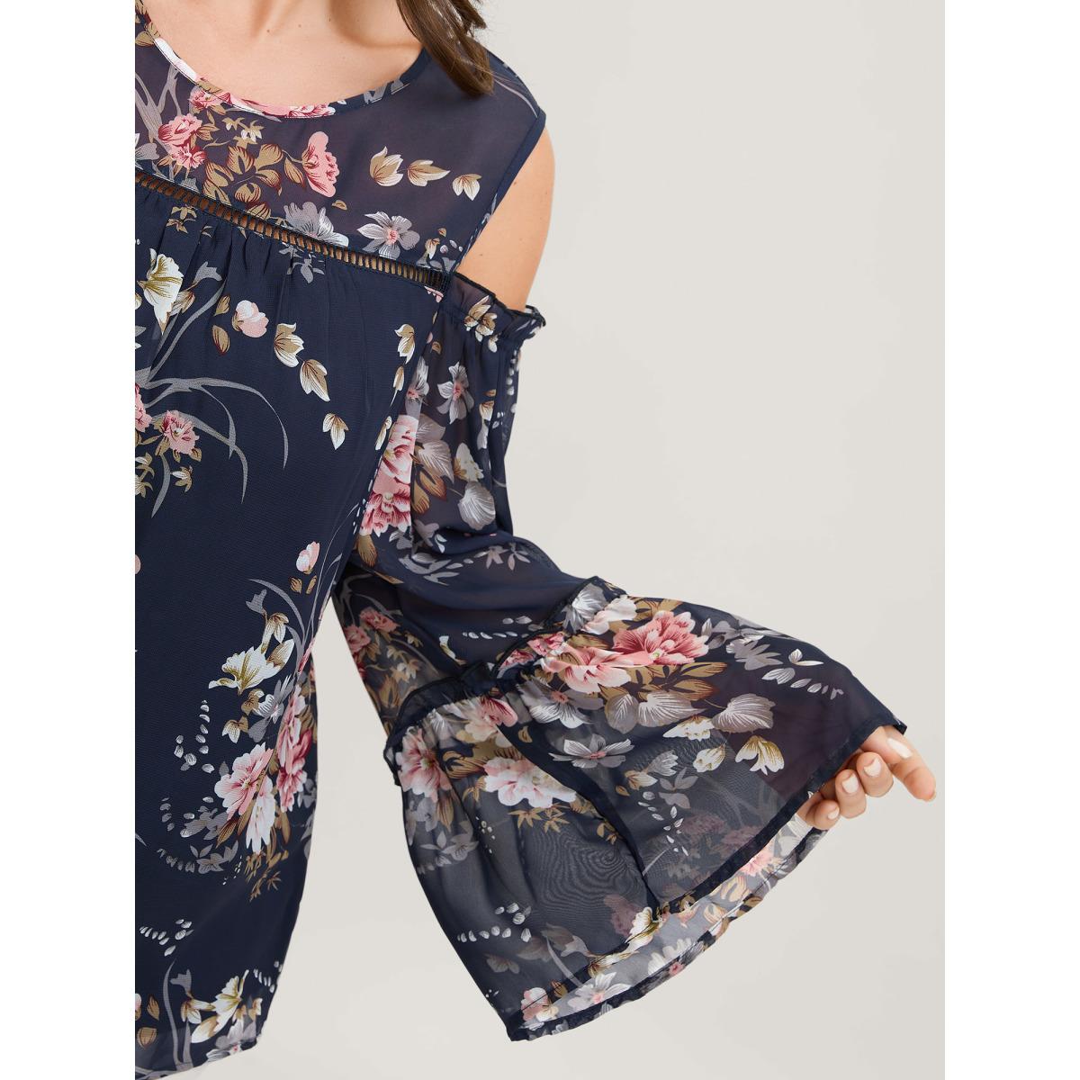 Plus Size Indigo Floral Print Off-Shoulder Lace Blouse Women Romantic Long Sleeve Round Neck Elegant Blouses BloomChic 30/6X Product Image