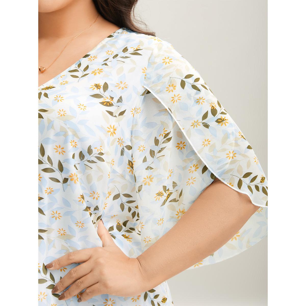 Plus Size Originalwhite Leafy Floral Print Petal Sleeve Blouse Women Elegant Elbow-length sleeve V-neck Everyday-Elegant Blouses BloomChic 14-16/1X Product Image