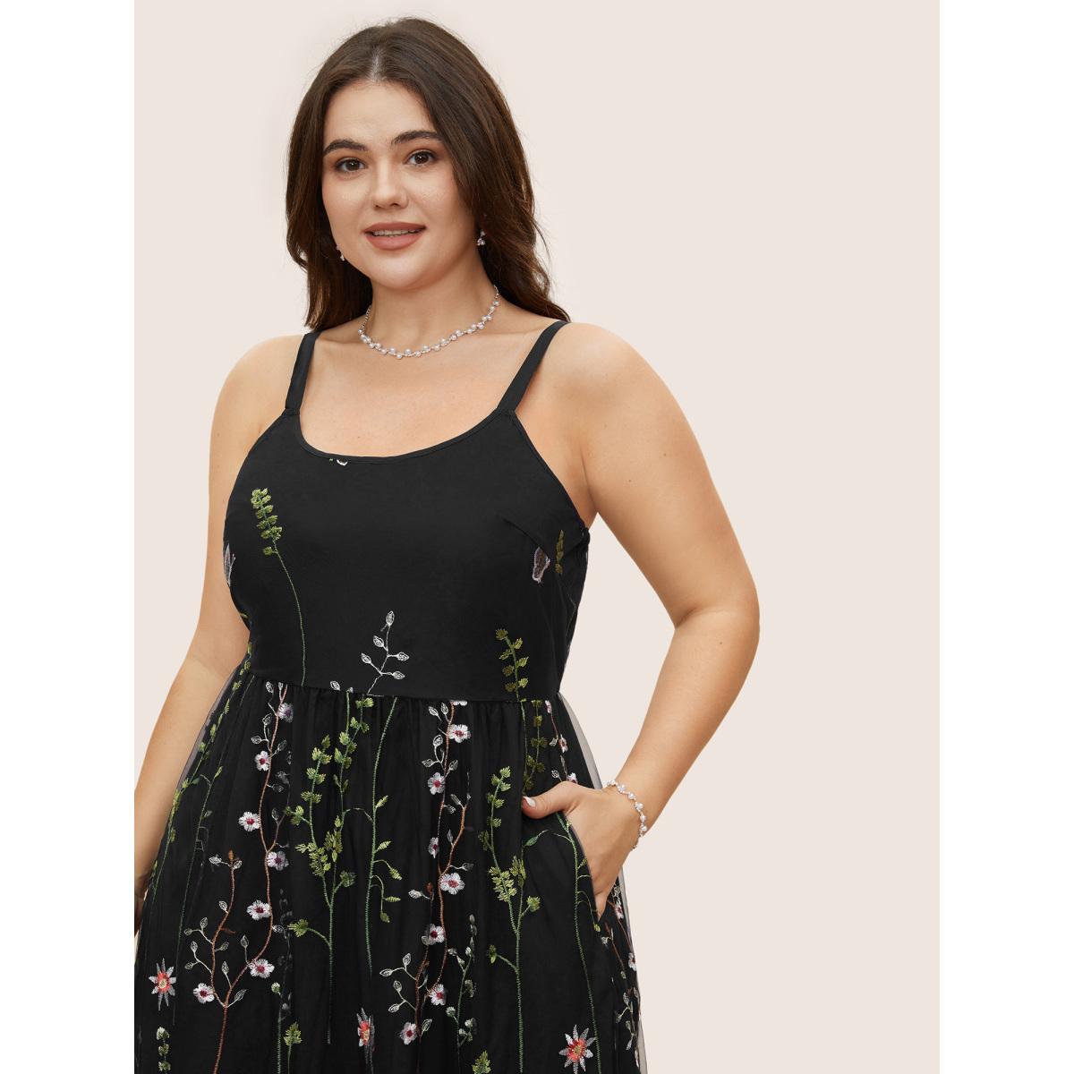 Plus Size U Neck Floral Embroidered Mesh Cami Dress Black Women Formal U-neck Sleeveless Curvy BloomChic 26/4X Product Image