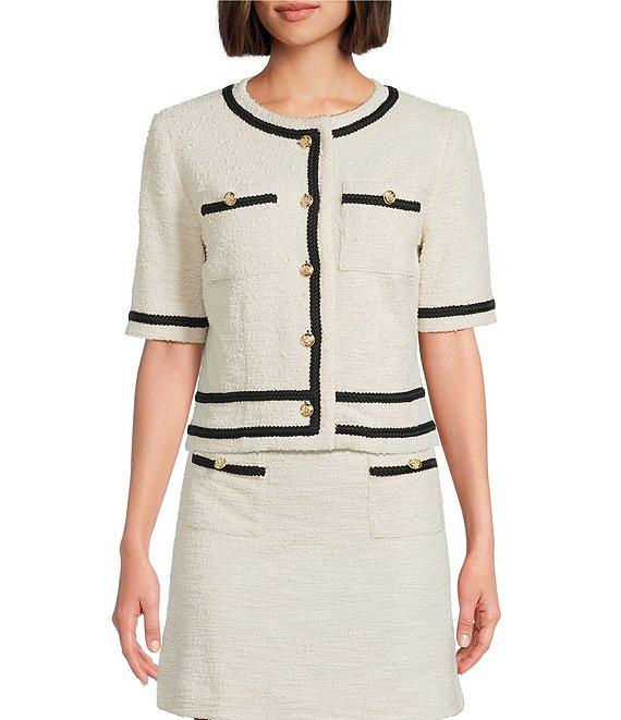Preston & York Coordinating Brigid Knit Tweed Button Front Double Pocket Short Sleeve Jacket Product Image