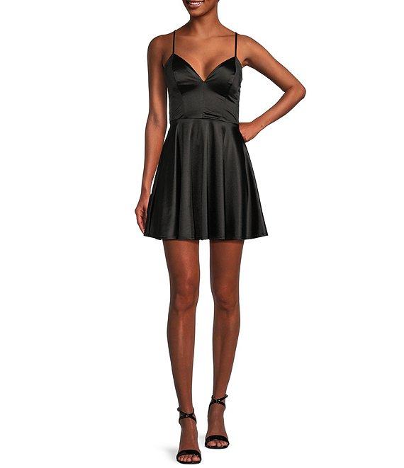 Honey and Rosie Sateen V-Neck Spaghetti Strap Fit & Flare Dress Product Image