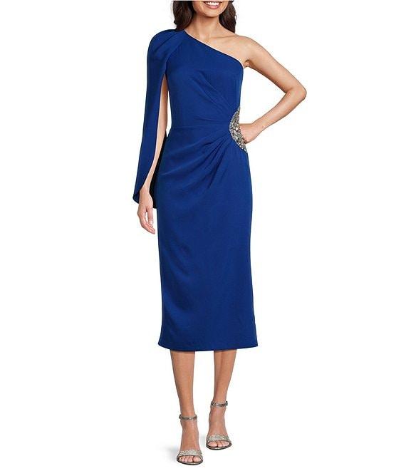 JS Collections Stretch Crepe One Shoulder Neck One Cape Sleeve Beaded Side Sheath Midi Dress Product Image