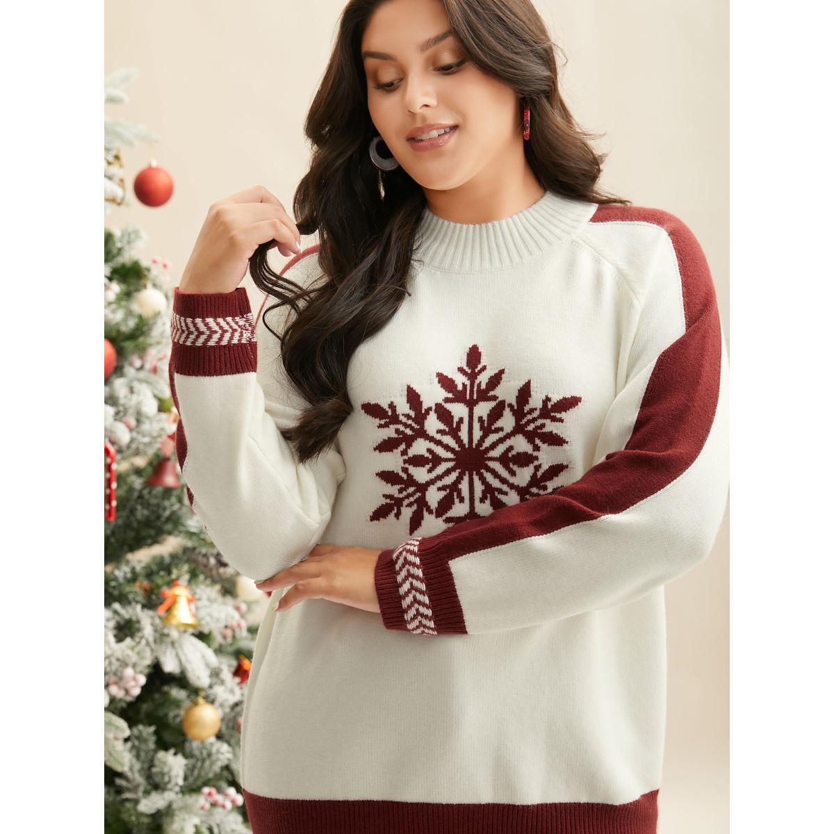 Plus Size Supersoft Essentials Snowflakes Pattern Knit Pullover Ivory Women Casual Loose Long Sleeve Round Neck Everyday Pullovers BloomChic 18-20/2X Product Image