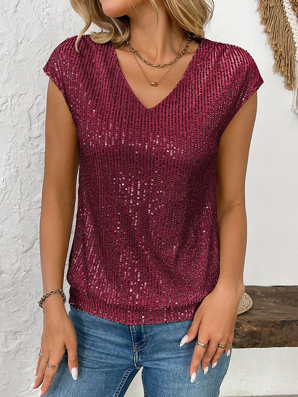 Batwing Sleeves Loose Sequined Shiny V-Neck T-Shirts Tops Product Image