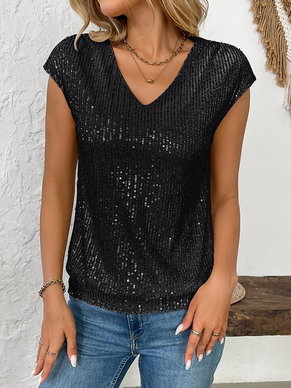 Batwing Sleeves Loose Sequined Shiny V-Neck T-Shirts Tops Product Image