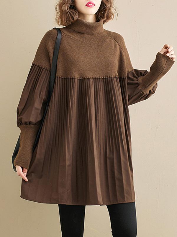 Knitting Pleats Split-Joint High-Neck Pullover Top Product Image