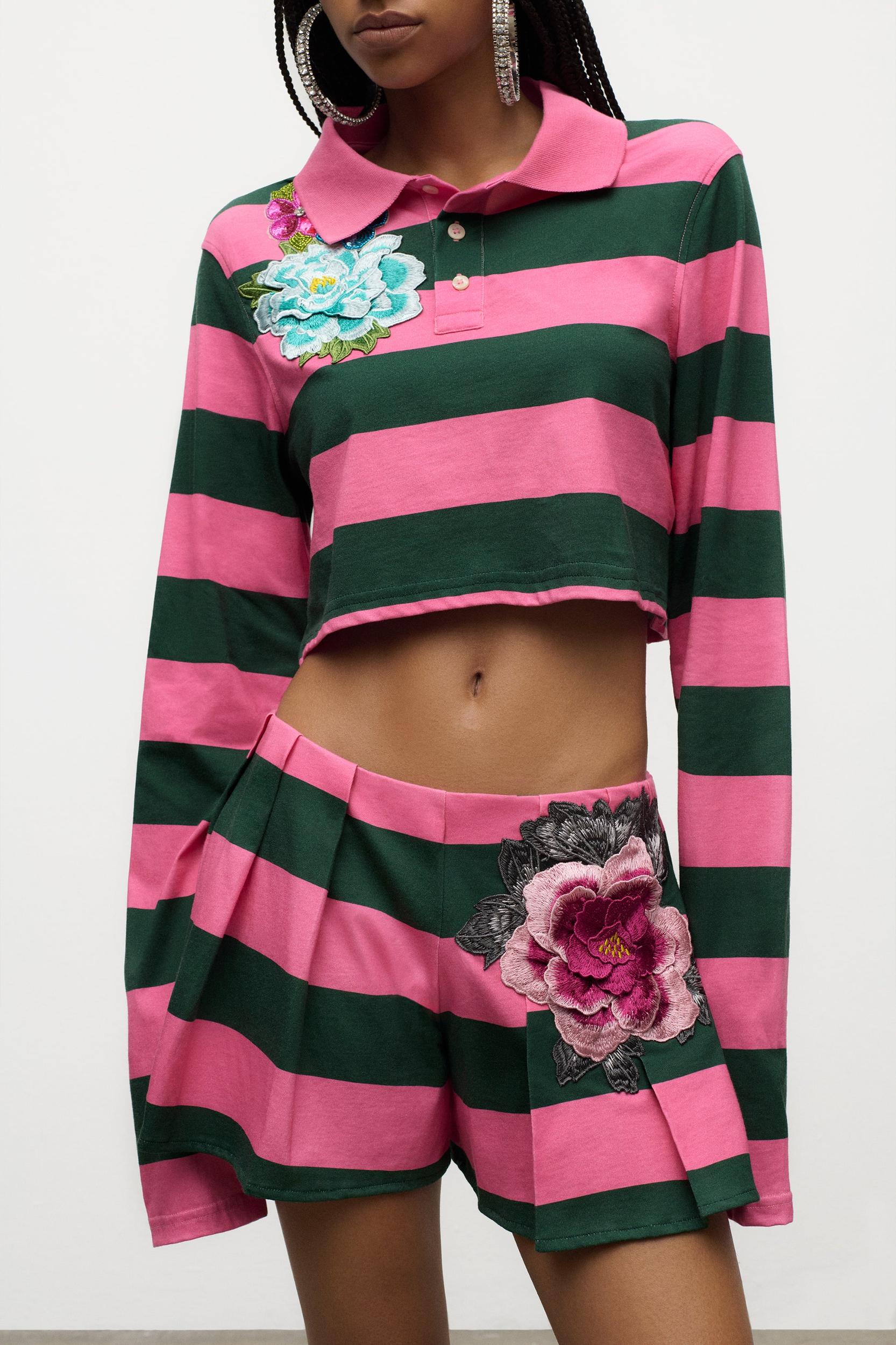 Embroidered Flower Rugby Stripe Long Sleeve Cropped Polo Product Image
