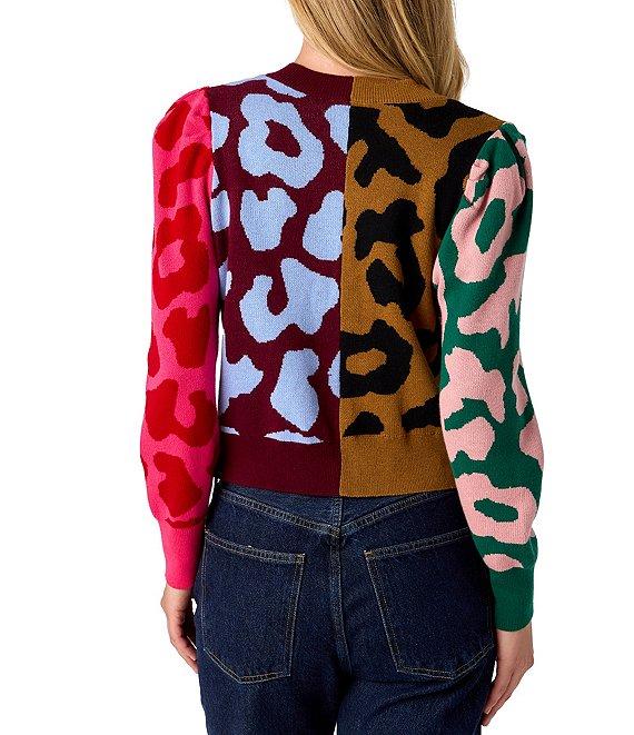 CROSBY by Mollie Burch Jovie Cashmere Blend Intarsia Knit Color Block Leopard V-Neck Long Sleeve Button Front Cardigan Product Image