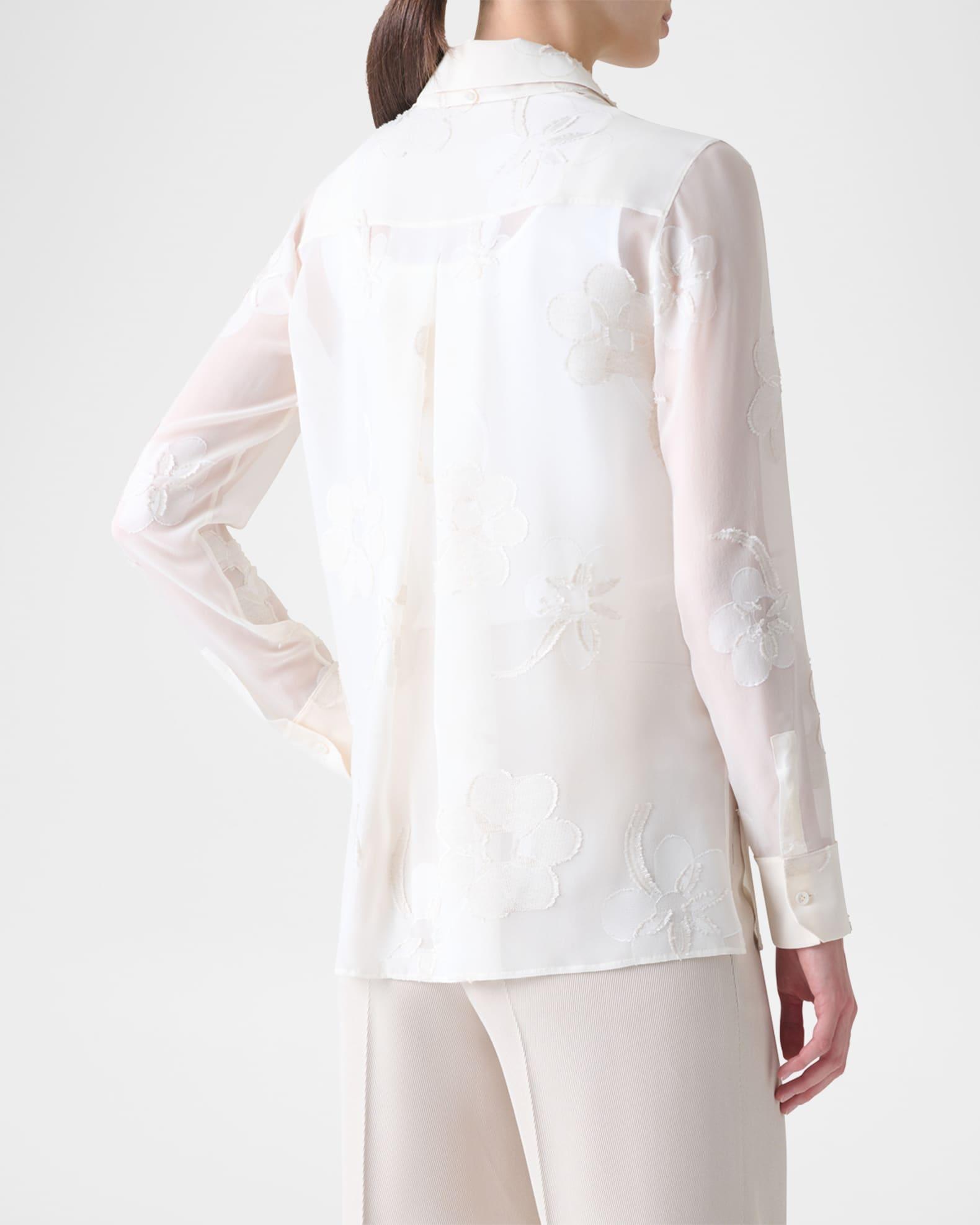 Floral Jacquard Neck-Tie Button-Down Blouse Product Image