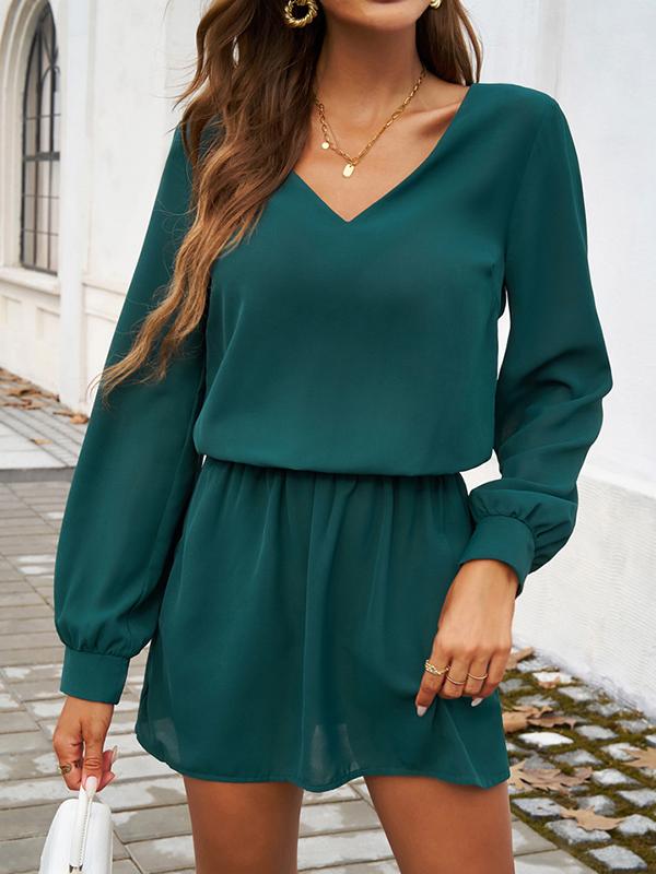 A-Line High Waisted Elasticity Pleated Solid Color V-Neck Mini Dresses Product Image