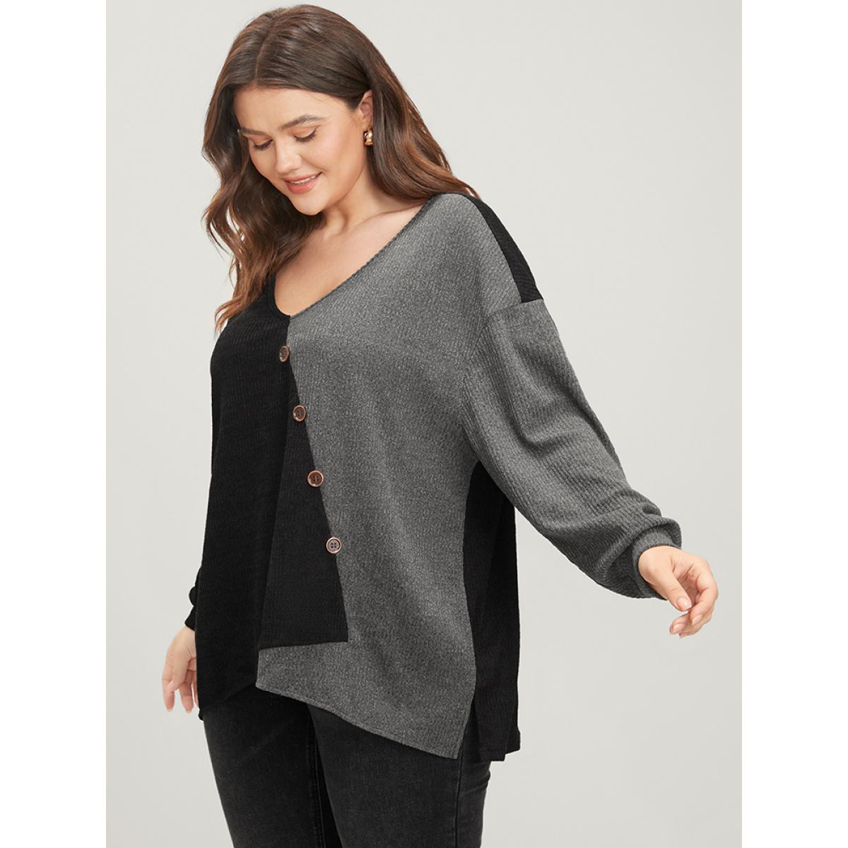 Plus Size Colorblock Contrast Button Detail Rib Knit Sweatshirt Women Black Elegant Patchwork V-neck Dailywear Sweatshirts BloomChic 18-20/2X Product Image