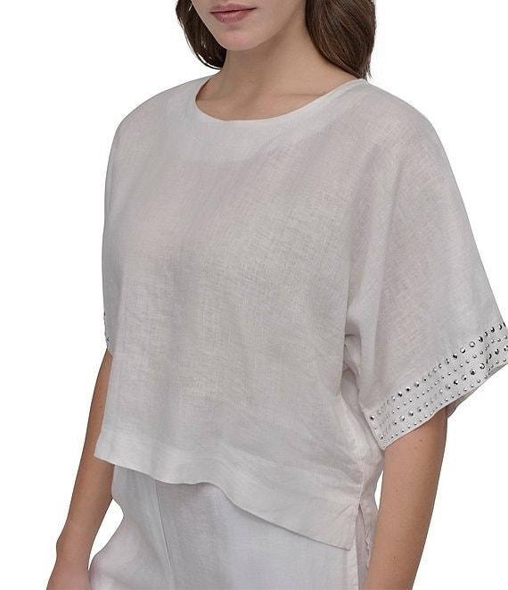 DKNY by Donna Karan Linen Crew Neck Studded Short Sleeve Boxy top Product Image