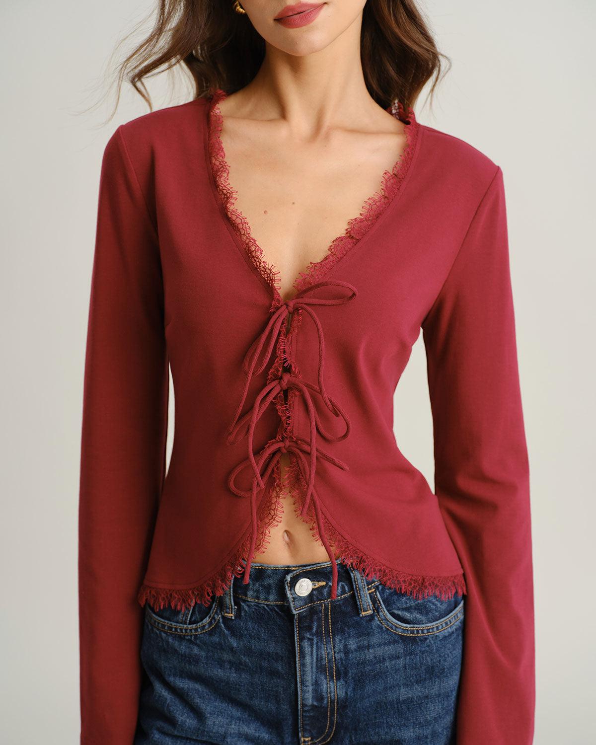 Red V Neck Tie-front Cardigan Product Image