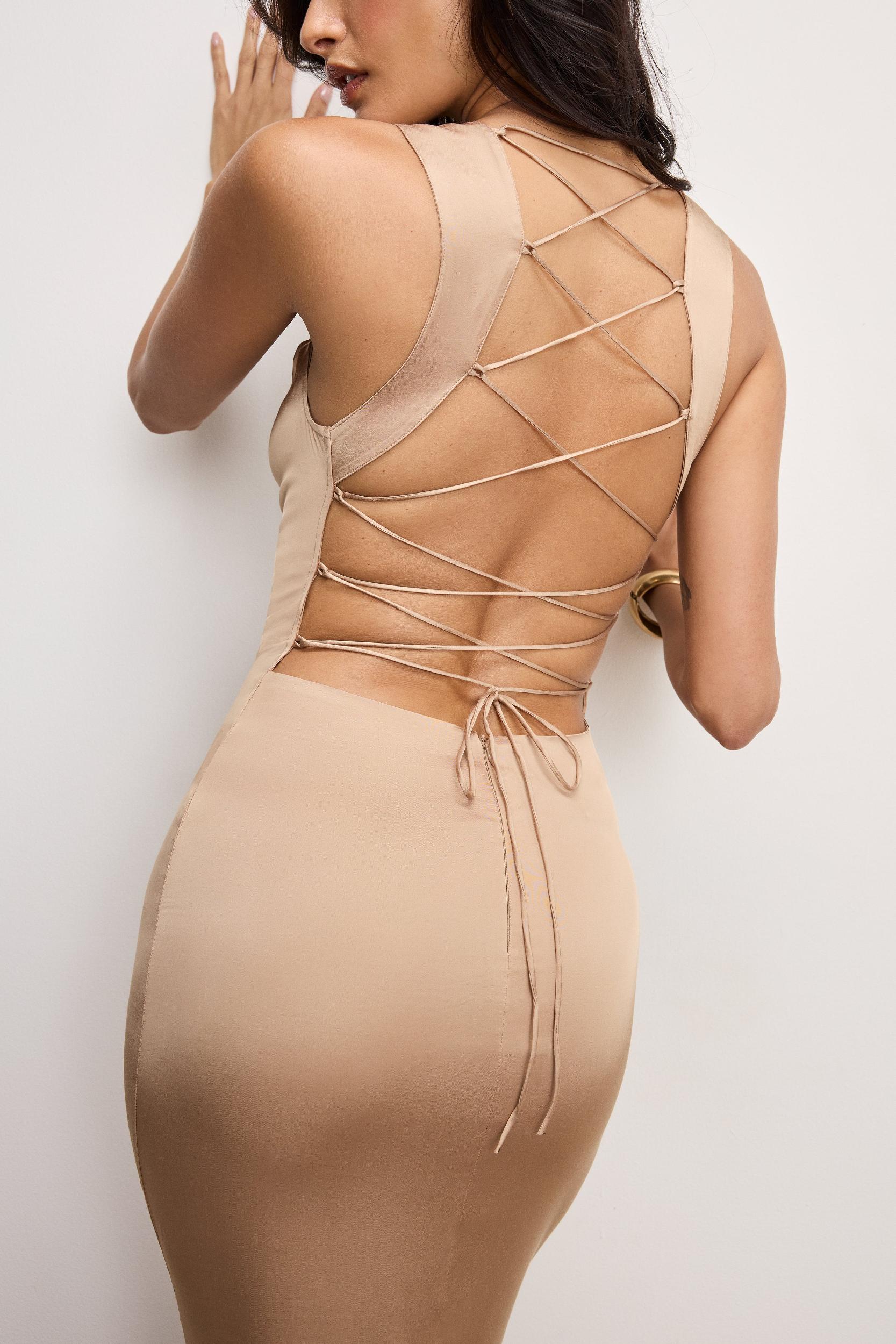 SATIN LACE UP MAXI DRESS | BRONZE Product Image