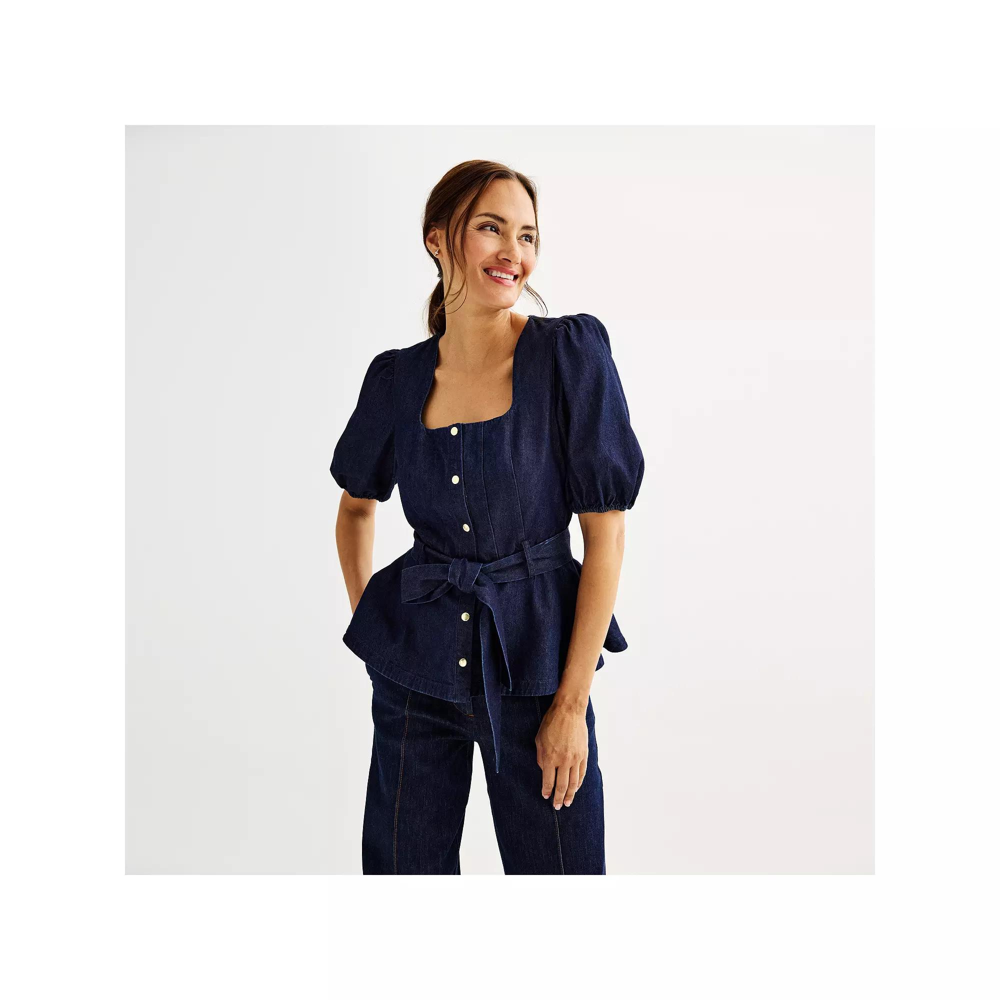 Women's Nine West Puff Sleeve Belted Squareneck Top, Size: Small, Mid Blue Blue Wash Product Image