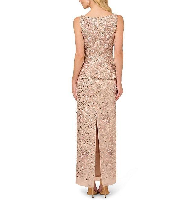 Adrianna Papell Beaded Mesh Boat Neck Sleeveless Peplum Gown Product Image