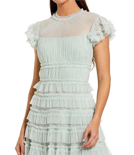 Mac Duggal Illusion Mock Neck Cap Sleeve Mesh Micro Ruffle A-Line Midi Dress Product Image
