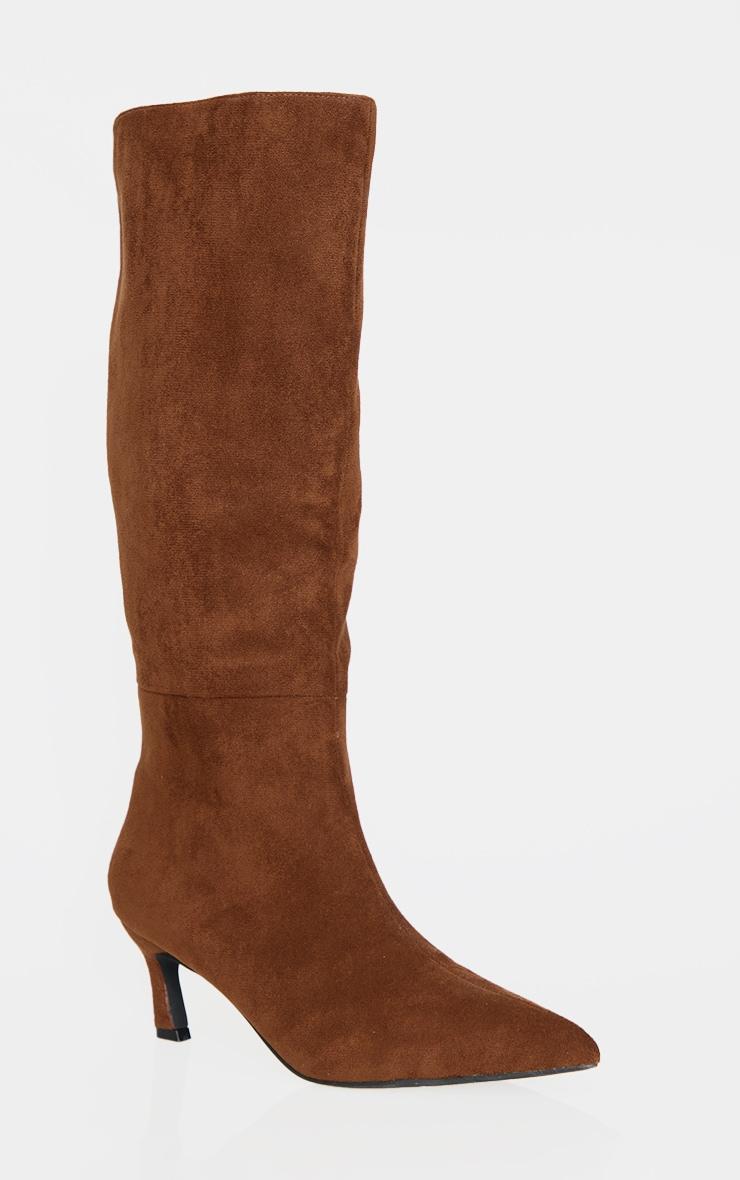 Chocolate Faux Suede Point Toe Mid Heeled Knee High Boots Product Image