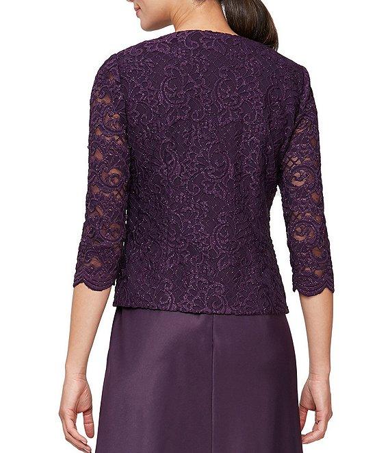 Alex Evenings Glitter Lace 3/4 Sleeve Square Neck Scallop Hem Bodice 2-Piece Jacket Gown Product Image