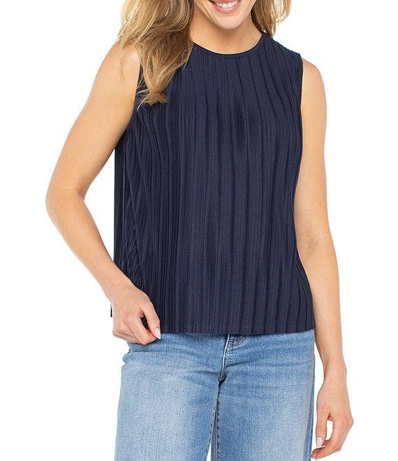 Liverpool Los Angeles Petite Size Knit Jersey Pleated Crew Neck Sleeveless Top Product Image