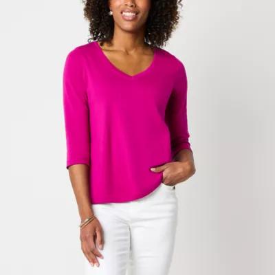 St. John's Bay Womens Easy-on + Easy-off V Neck 3/4 Sleeve Adaptive T-Shirt Product Image