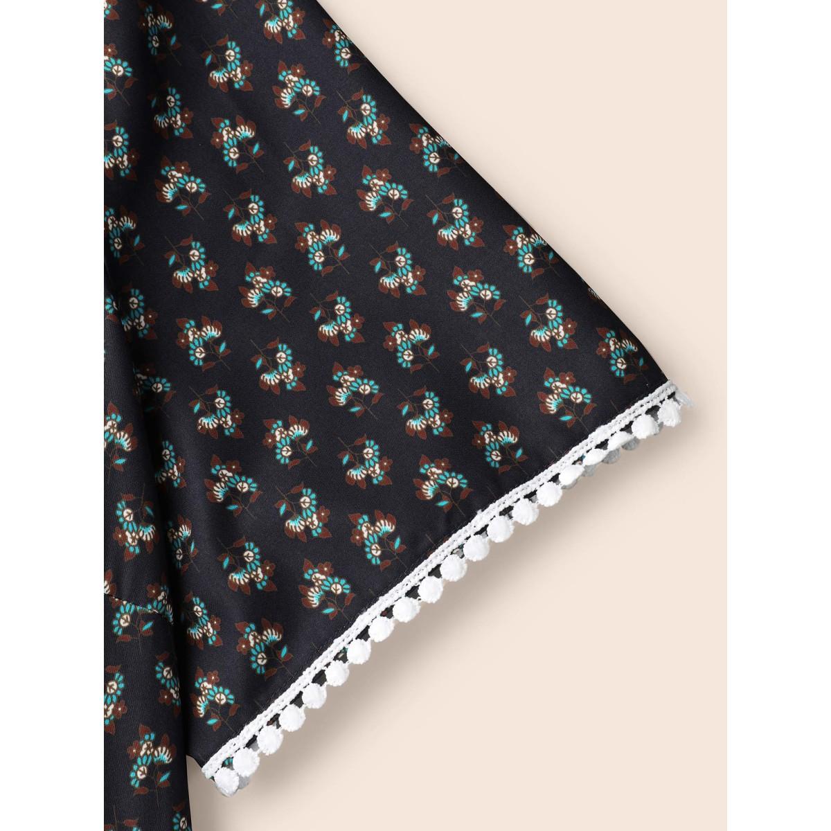 Plus Size Boho Print Tassel-Tie Pockets Midi Dress DarkBlue Women Resort Woven ribbon&lace trim V-neck Short sleeve Curvy BloomChic 18-20/2X Product Image