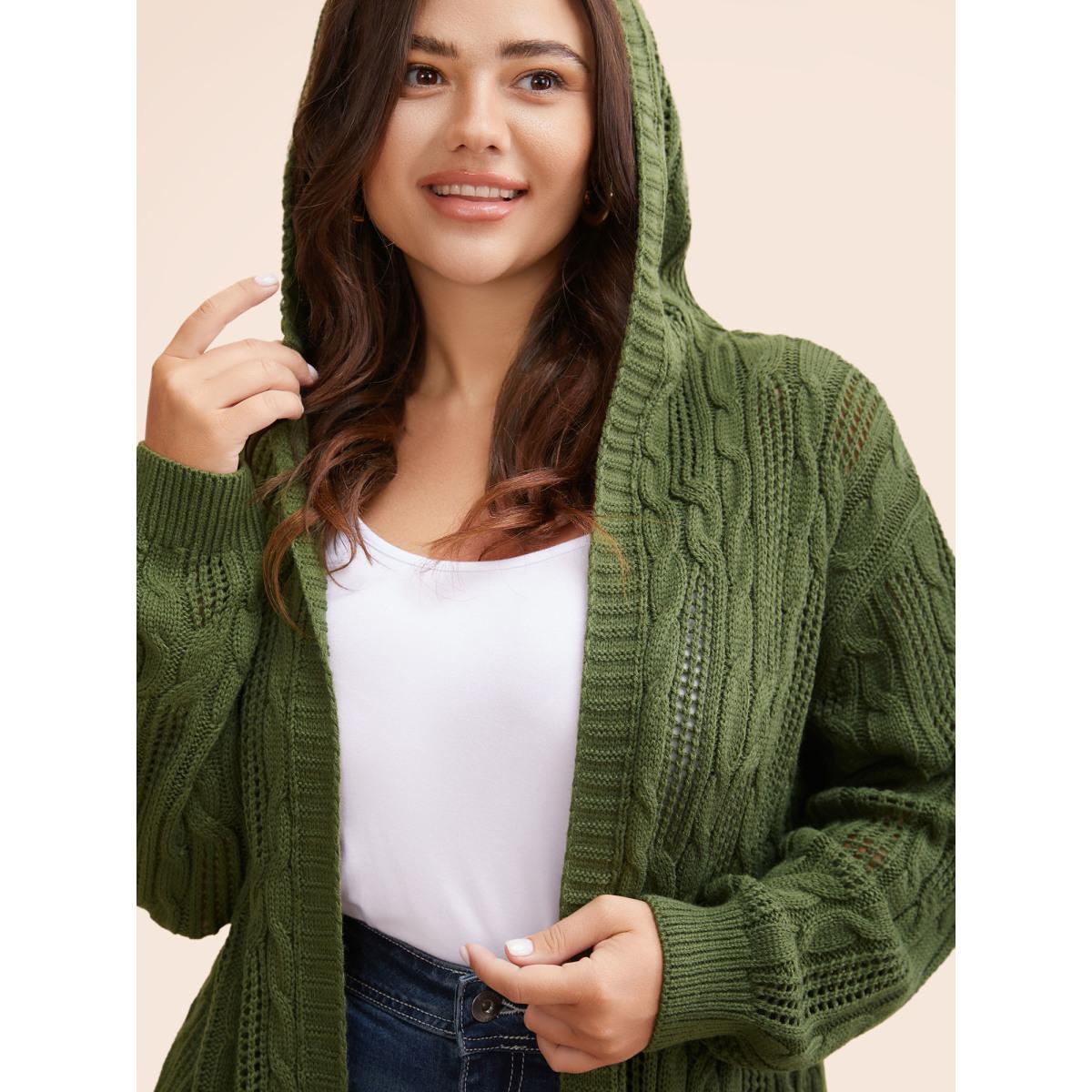 Plus Size Hooded Cable Knit Open Front Cardigan ArmyGreen Women Casual Loose Long Sleeve Everyday Cardigans BloomChic 18-20/2X Product Image