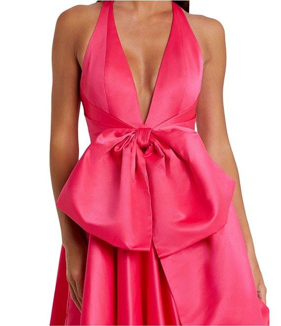 Mac Duggal Deep V Halter Neck Bow Front Satin Ballgown Product Image