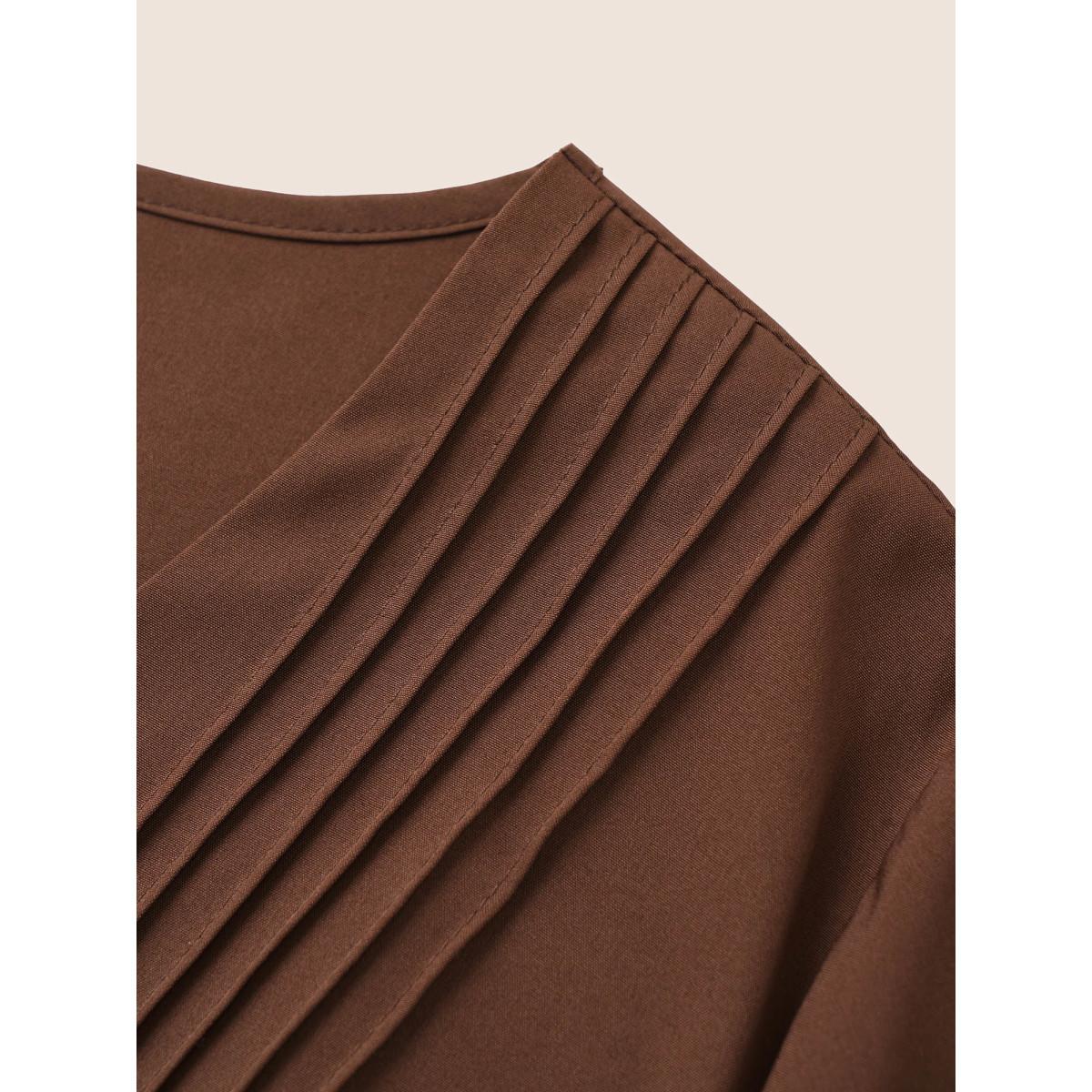 Plus Size Solid Pleated Button Detail Lantern Sleeve Dress DarkBrown Women At the Office Non V-neck Elbow-length sleeve Curvy Midi Dress BloomChic 14-16/1X Product Image