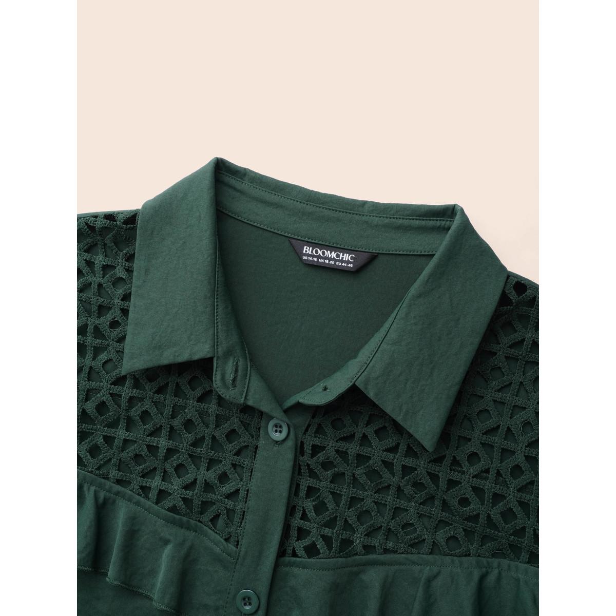 Plus Size Solid Cut Out Ruffle Trim Arc Hem Dress DarkGreen Women Casual Cut-Out Shirt collar Long Sleeve Curvy BloomChic 12/L Product Image