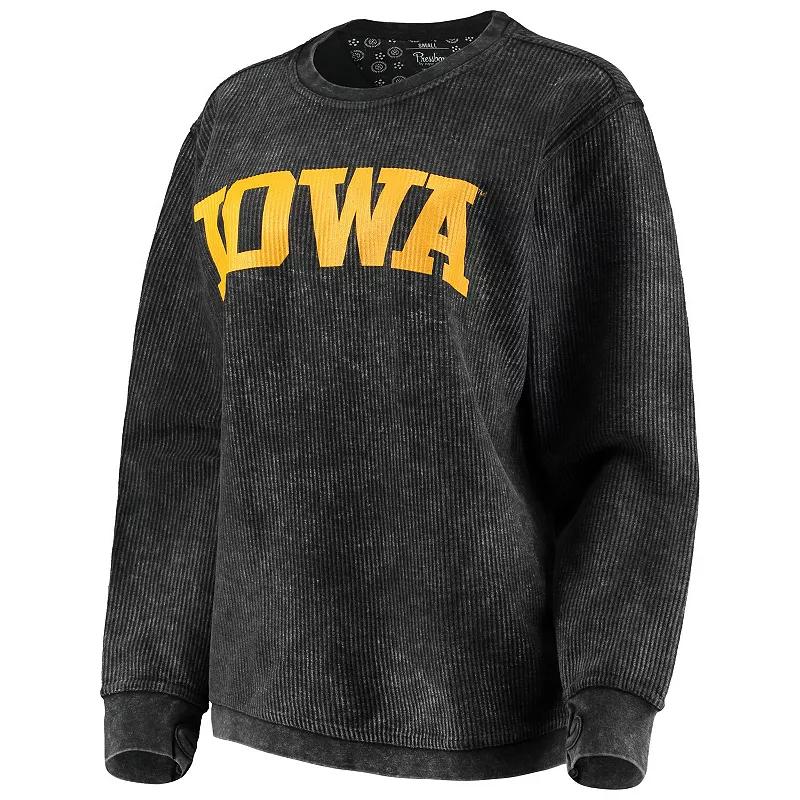 Women's Pressbox Black Iowa Hawkeyes Comfy Cord Vintage Wash Basic Arch Pullover Sweatshirt,  Product Image